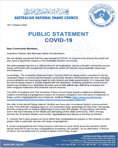 Coronavirus: Prayers Suspended In Mosques In Australia Including Friday Salah.